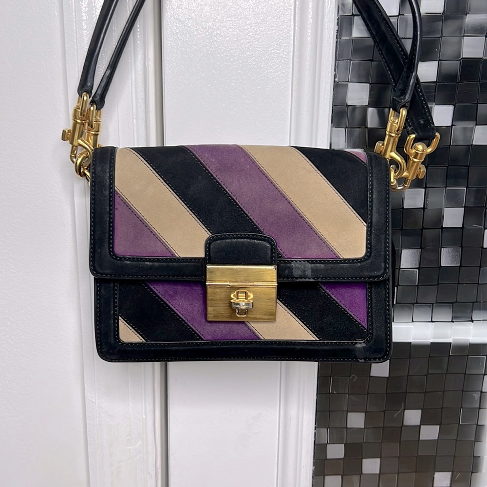 💕 Dolce & Gabbana black purple tan suede double handle satchel handbag 💕